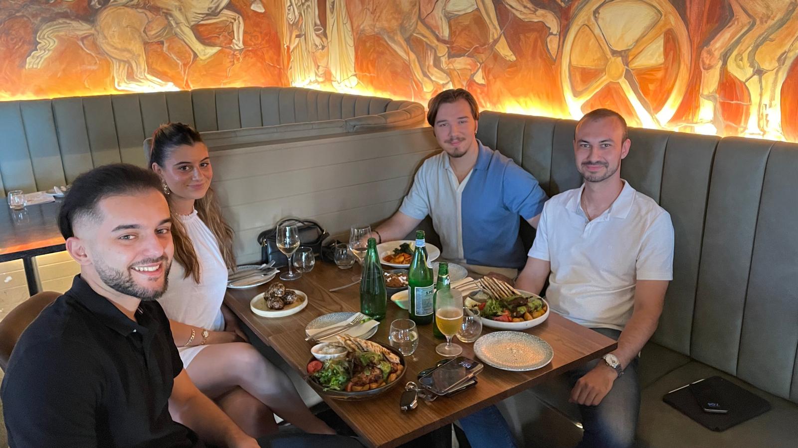 Founding committee members at dinner discussing the founding of Greek Youth of South Australia Incorporated. From left to right: Athananasios (Athan) Rodas, Victoria Paneras, Demetre Bougessis and Anthony Hagidimitriou.
